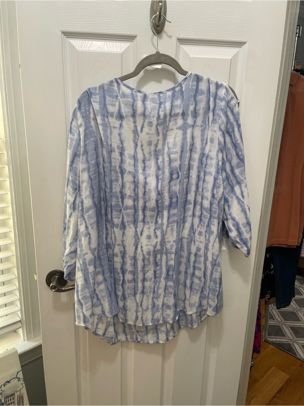 Cato Blue and White Tie-Dye Peasant Blouse with Front Tie - Picture 13 of 13